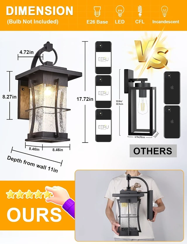 Alt view image 3 of 7 - 18" H Extra Large Outdoor Wall Sconce Black Large Exterior Wall Lantern Outside House Lamps Waterproof Mission Light Fixtures with Clear Seeded Glass, Perfect for Villa Porch Garage Coach Light