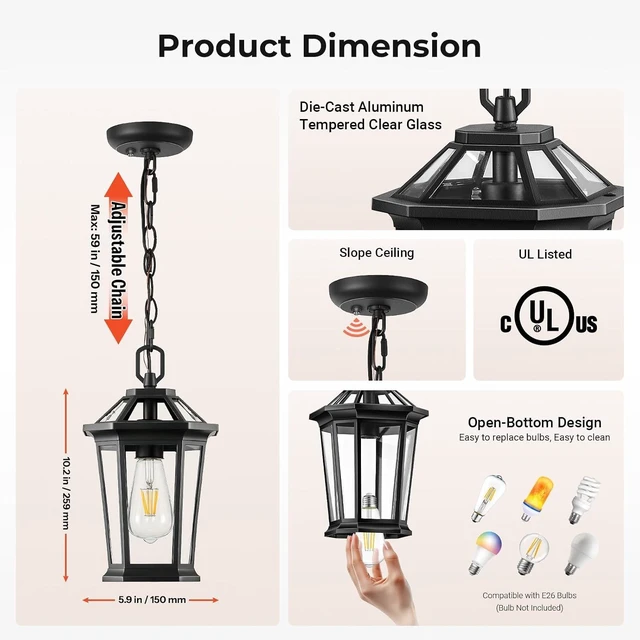 Alt view image 3 of 7 - Gleamz Hanging Light Fixture, Black Dusk to Dawn Outdoor Pendant Lights