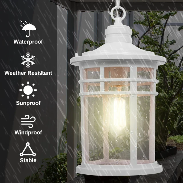 Alt view image 2 of 7 - Darkaway Large Outdoor Pendant Lights for Porch, 15inch Outdoor Chandelier Hanging Porch Lights Ceiling Mount Aluminum with Seeded Glass for Front Porch Gazebo Patio (Large, White)