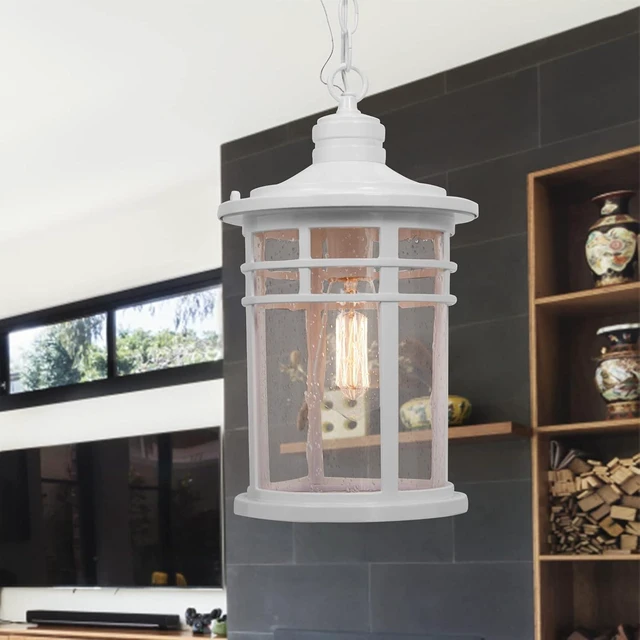Alt view image 4 of 7 - Darkaway Large Outdoor Pendant Lights for Porch, 15inch Outdoor Chandelier Hanging Porch Lights Ceiling Mount Aluminum with Seeded Glass for Front Porch Gazebo Patio (Large, White)