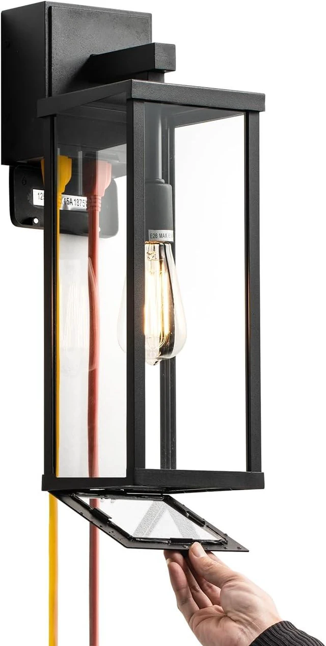 Main image of mirrea 18" Classic Outdoor Wall Sconce with Built-in GFCI Outlet 1 Light in Matte Black Rectangular Metal Frame and Clear Glass Shade Waterproof Porch Light Patio Light