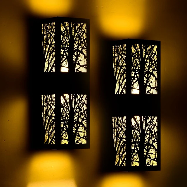 Main image of Rustic Farmhouse Exterior LED Lights with Tree-Branch Cutout and Amber Lampshade, Hard Wired Waterproof Up-and-Down Outdoor Wall Lighting for House, Garage, Patio, Porch, 2 Pack
