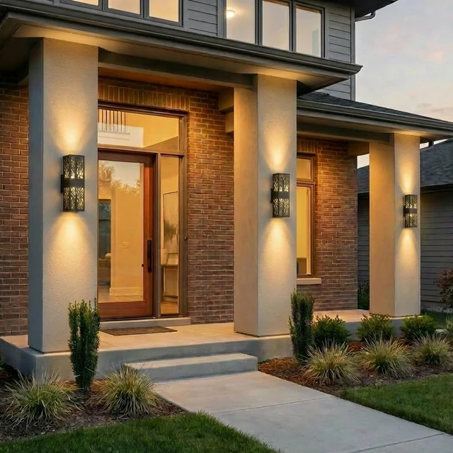 Alt view image 2 of 7 - Rustic Farmhouse Exterior LED Lights with Tree-Branch Cutout and Amber Lampshade, Hard Wired Waterproof Up-and-Down Outdoor Wall Lighting for House, Garage, Patio, Porch, 2 Pack