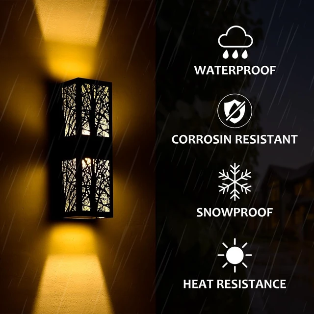 Alt view image 5 of 7 - Rustic Farmhouse Exterior LED Lights with Tree-Branch Cutout and Amber Lampshade, Hard Wired Waterproof Up-and-Down Outdoor Wall Lighting for House, Garage, Patio, Porch, 2 Pack