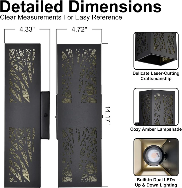 Alt view image 7 of 7 - Rustic Farmhouse Exterior LED Lights with Tree-Branch Cutout and Amber Lampshade, Hard Wired Waterproof Up-and-Down Outdoor Wall Lighting for House, Garage, Patio, Porch, 2 Pack