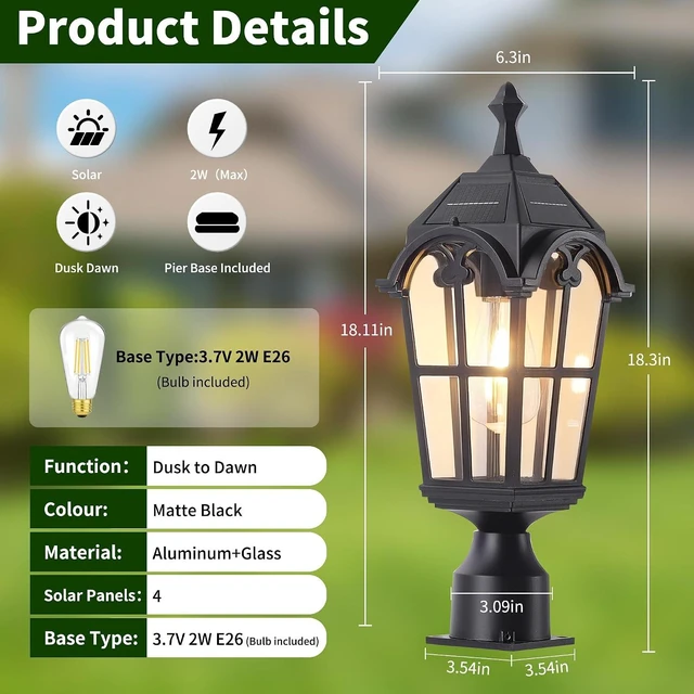 Alt view image 2 of 7 - Solar Post Lights Outdoor with Bulb Dusk to Dawn Lamp Posts Outdoor Lighting Waterproof Solar Post Lamp Anti-Rust Exterior Pole Light Outside Pole Lighting for Yard Pathway Driveway Fence