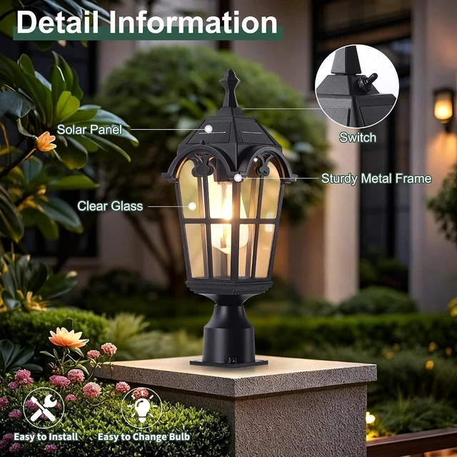 Alt view image 5 of 7 - Solar Post Lights Outdoor with Bulb Dusk to Dawn Lamp Posts Outdoor Lighting Waterproof Solar Post Lamp Anti-Rust Exterior Pole Light Outside Pole Lighting for Yard Pathway Driveway Fence