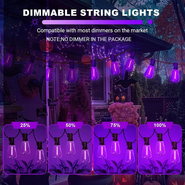Alt view image 4 of 7 - Purple Outdoor halloween String Lights, ST38 26FT LED Patio Lights with 12+1 Shatterproof Edison Bulbs,UL Waterproof Connectable Hanging Lights for Halloween Spooky Party Christmas Garden Porch Decor
