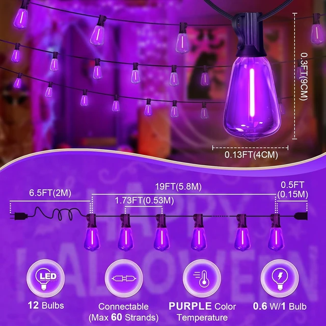 Alt view image 3 of 7 - Purple Outdoor halloween String Lights, ST38 26FT LED Patio Lights with 12+1 Shatterproof Edison Bulbs,UL Waterproof Connectable Hanging Lights for Halloween Spooky Party Christmas Garden Porch Decor