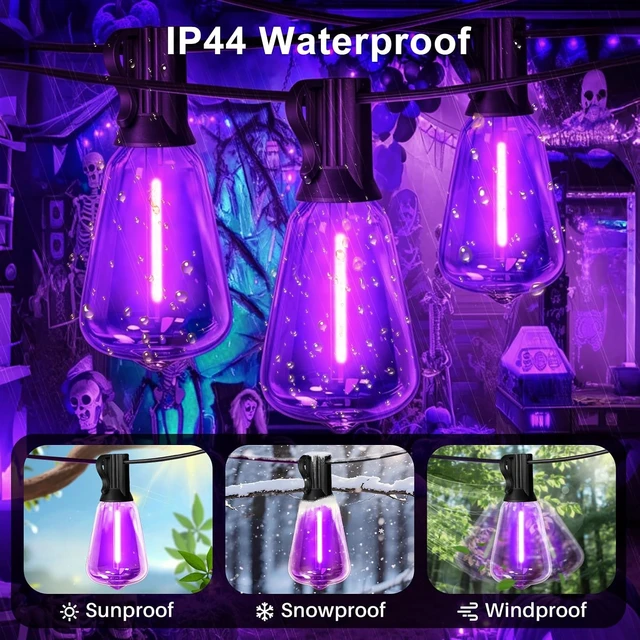 Alt view image 5 of 7 - Purple Outdoor halloween String Lights, ST38 26FT LED Patio Lights with 12+1 Shatterproof Edison Bulbs,UL Waterproof Connectable Hanging Lights for Halloween Spooky Party Christmas Garden Porch Decor