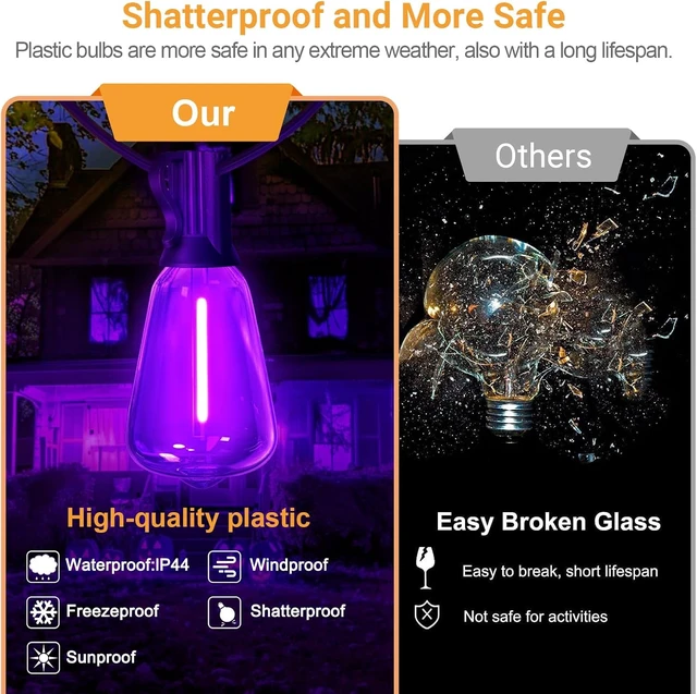 Alt view image 6 of 7 - Purple Outdoor halloween String Lights, ST38 26FT LED Patio Lights with 12+1 Shatterproof Edison Bulbs,UL Waterproof Connectable Hanging Lights for Halloween Spooky Party Christmas Garden Porch Decor