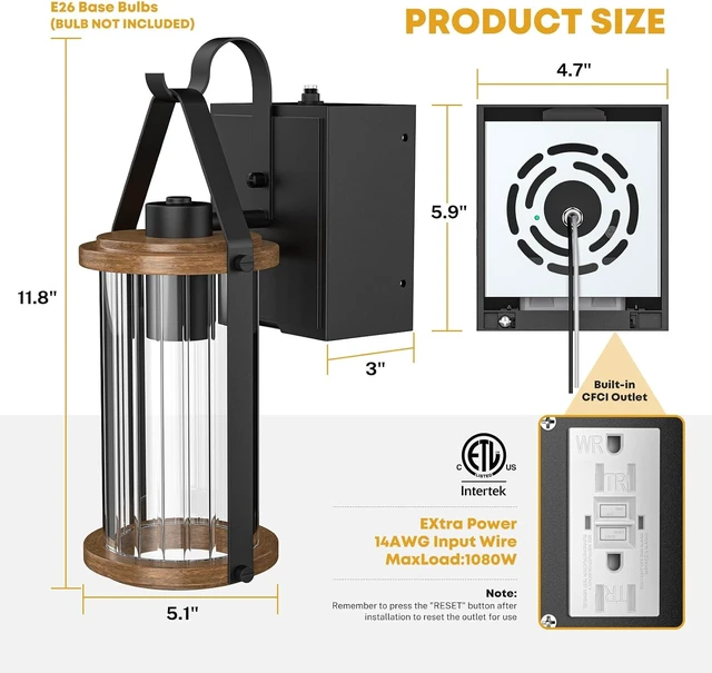 Alt view image 2 of 7 - Porch Light with Outlet GFCI Dusk to Dawn Outdoor Lighting Black