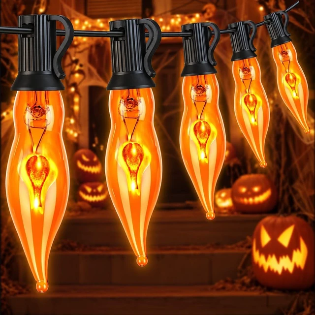 Main image of Couah Halloween Flickering Flame String Lights Orange,10Ft C18 Flicker Flame String Lights C18 E12 Base Fireplace Lights Outdoor Indoor for Halloween Decorations Black Wire