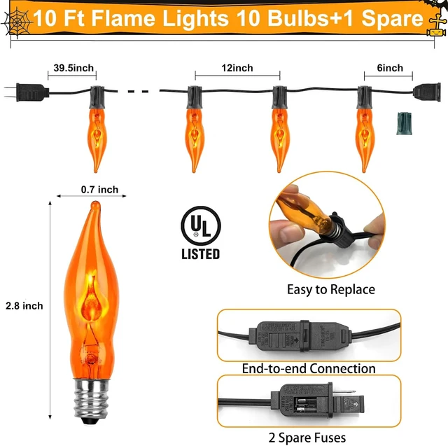 Alt view image 2 of 7 - Couah Halloween Flickering Flame String Lights Orange,10Ft C18 Flicker Flame String Lights C18 E12 Base Fireplace Lights Outdoor Indoor for Halloween Decorations Black Wire