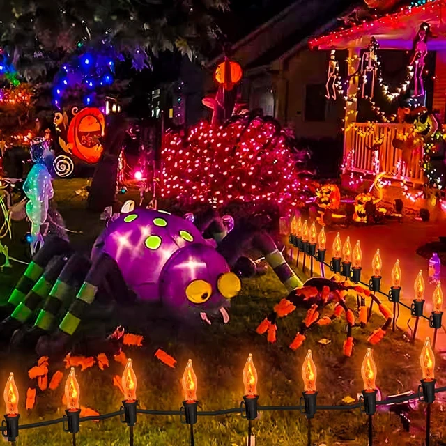Alt view image 6 of 7 - Couah Halloween Flickering Flame String Lights Orange,10Ft C18 Flicker Flame String Lights C18 E12 Base Fireplace Lights Outdoor Indoor for Halloween Decorations Black Wire