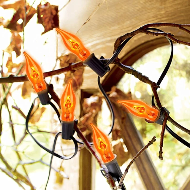Alt view image 7 of 7 - Couah Halloween Flickering Flame String Lights Orange,10Ft C18 Flicker Flame String Lights C18 E12 Base Fireplace Lights Outdoor Indoor for Halloween Decorations Black Wire