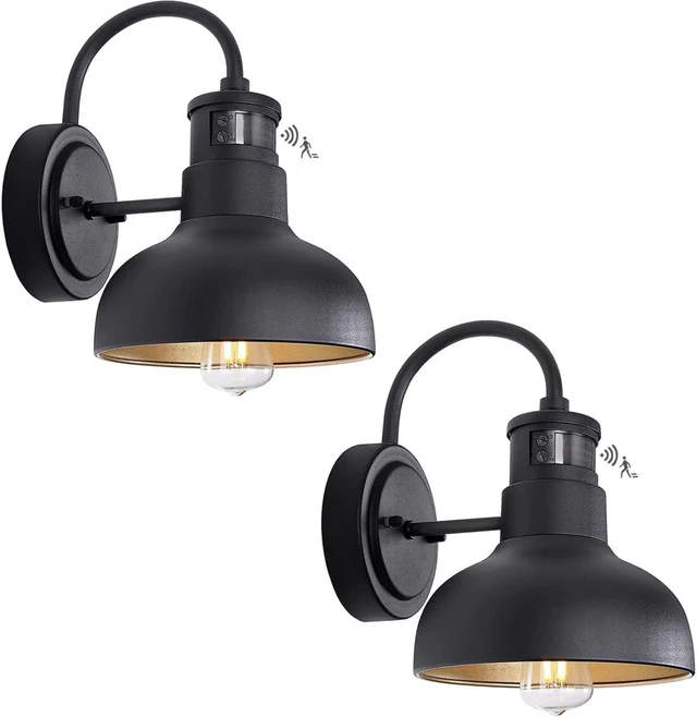 Main image of 7 Dome Motion Sensor Outdoor Barn Light Wall Mount Dusk to Dawn Exterior Small Gooseneck Lightinging Fixture Black Garage Gooseneck Porch Wall Sconce 2 Pack Farmhosue Barn Lights Outside