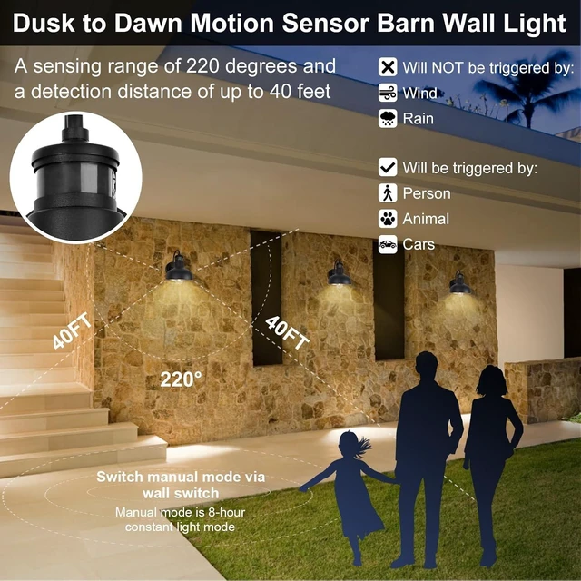 Alt view image 6 of 7 - 7 Dome Motion Sensor Outdoor Barn Light Wall Mount Dusk to Dawn Exterior Small Gooseneck Lightinging Fixture Black Garage Gooseneck Porch Wall Sconce 2 Pack Farmhosue Barn Lights Outside