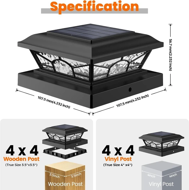 Alt view image 4 of 7 - Brightever 4x4 Post Solar Lights, Solar Post Cap Lights Black 12-Pack