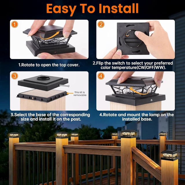 Alt view image 6 of 7 - Brightever 4x4 Post Solar Lights, Solar Post Cap Lights Black 12-Pack