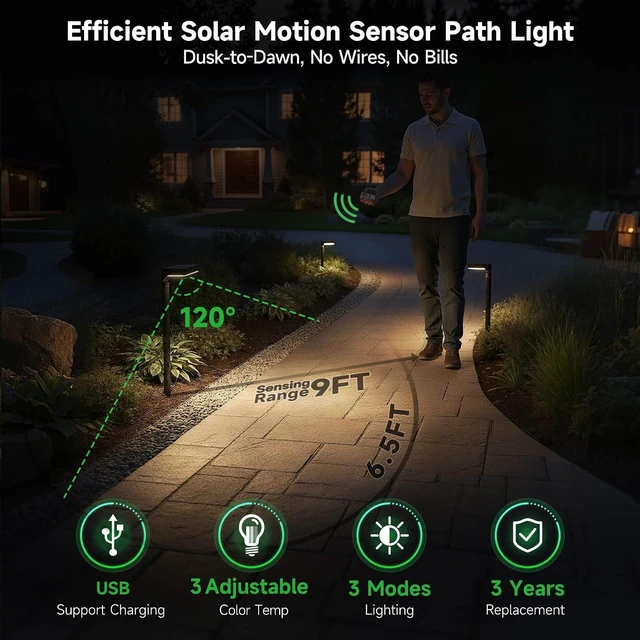 Alt view image 2 of 7 - Solar Motion Sensor Pathway Lights - Warm & Daylight Selectable Path Light 3 Modes, IP65 Waterproof Black LED Garden Lighting with Remote Control for Outside Landscape Walkway (4 Pack)