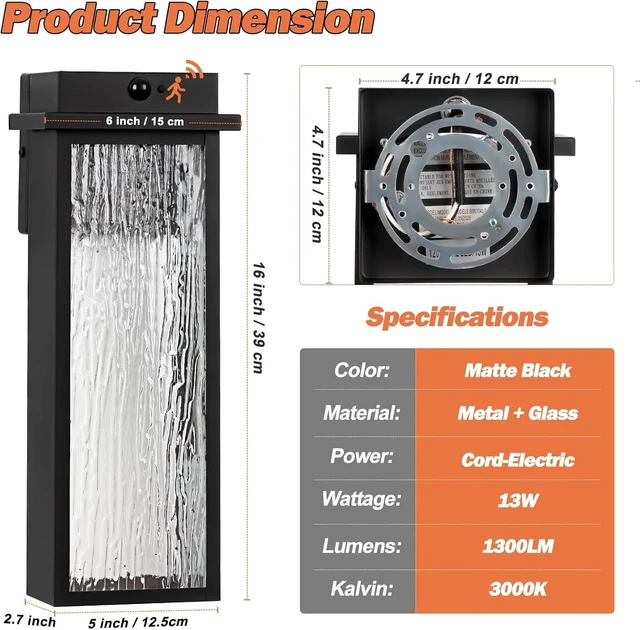 Alt view image 7 of 7 - VenzBlomia 16 Black Motion Sensor Outdoor Lights for House Garage 2 Pack