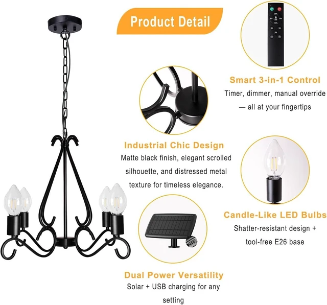 Alt view image 6 of 7 - TWINKVILLA Solar Chandelier Outdoor, 4-Lights 23" Rustic Farmhouse Industrial Iron Chandeliers Waterproof Dimmable Hanging Pendant Lights for Gazebo, Pergola, Canopy, Tent Decor