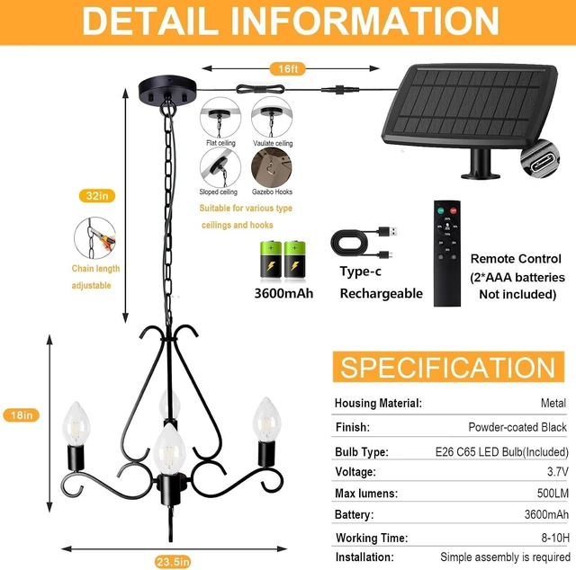Alt view image 5 of 7 - TWINKVILLA Solar Chandelier Outdoor, 4-Lights 23" Rustic Farmhouse Industrial Iron Chandeliers Waterproof Dimmable Hanging Pendant Lights for Gazebo, Pergola, Canopy, Tent Decor