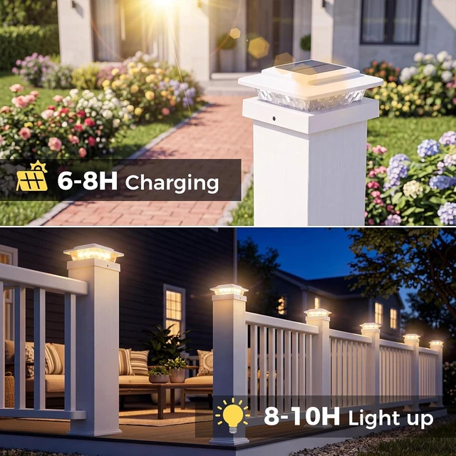 Alt view image 4 of 7 - kolpop 4x4 Solar Post Cap Lights Outdoor 12Pack- 3 Color Temperatures&2 Level Brightness, IP65 Waterproof, 16 LED Fence Deck Post Light Solar Powered Only for 4×4/3.5×3.5 Wood/Vinyl Posts(White)