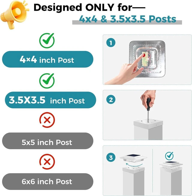 Alt view image 7 of 7 - kolpop 4x4 Solar Post Cap Lights Outdoor 12Pack- 3 Color Temperatures&2 Level Brightness, IP65 Waterproof, 16 LED Fence Deck Post Light Solar Powered Only for 4×4/3.5×3.5 Wood/Vinyl Posts(White)