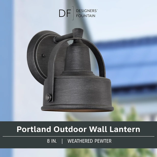 Alt view image 2 of 6 - DESIGNERS FOUNTAIN Portland Outdoor Light Fixture, 8 Inch Exterior Wall Lantern Sconce for Front Door, Patio and Porch, Weathered Pewter, 33121-WP