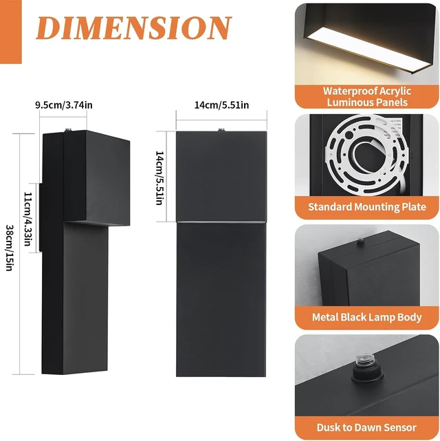 Alt view image 5 of 7 - tewei 15'' Modern LED Outdoor Wall Sconce, Black Dusk to Dawn Wall Lights