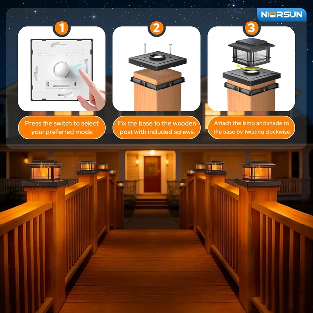 Alt view image 7 of 7 - NIORSUN 4x4 Post Solar Lights with Flame Light &3 Color Temps,12 Pack Black