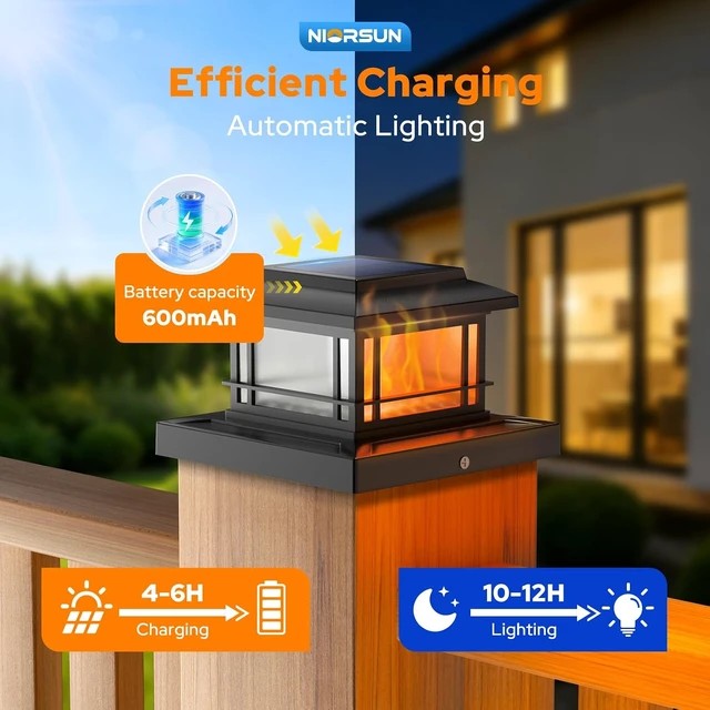 Alt view image 4 of 7 - NIORSUN 4x4 Post Solar Lights with Flame Light &3 Color Temps,12 Pack Black