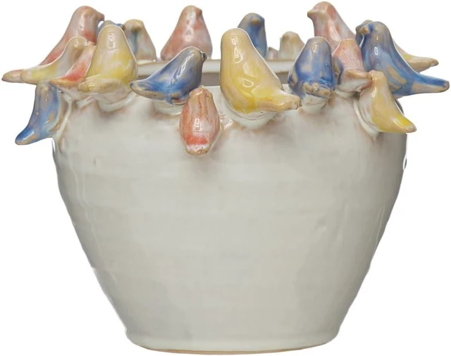 Alt view image 3 of 7 - Creative Co-Op Stoneware Planter with Birds on Rim, Reactive Glaze