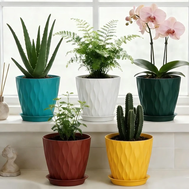 Alt view image 7 of 7 - 8 Inch Plastic Plant Pots,Set of 5 Flower Pots,Planters with Drainage Holes & Saucers, Indoor Outdoor Garden Pots for Home Decor(Colorful)