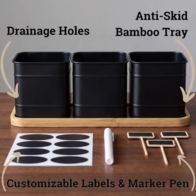 Alt view image 2 of 7 - Herb Planter Indoor, 3-pc Herb Pots w/ Drainage Holes, Bamboo Tray & Labels