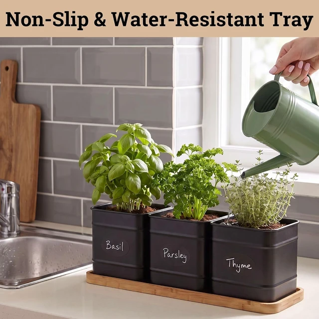 Alt view image 6 of 7 - Herb Planter Indoor, 3-pc Herb Pots w/ Drainage Holes, Bamboo Tray & Labels