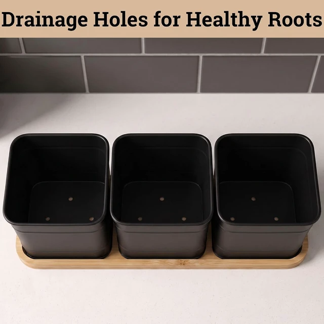 Alt view image 7 of 7 - Herb Planter Indoor, 3-pc Herb Pots w/ Drainage Holes, Bamboo Tray & Labels