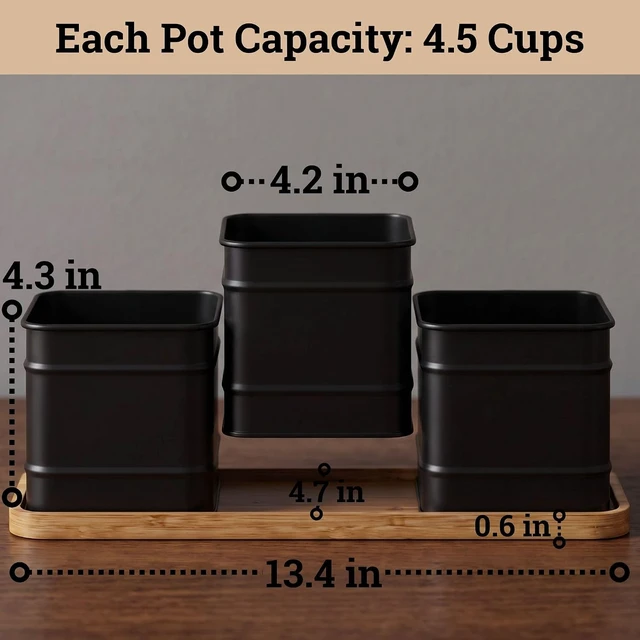 Alt view image 5 of 7 - Herb Planter Indoor, 3-pc Herb Pots w/ Drainage Holes, Bamboo Tray & Labels