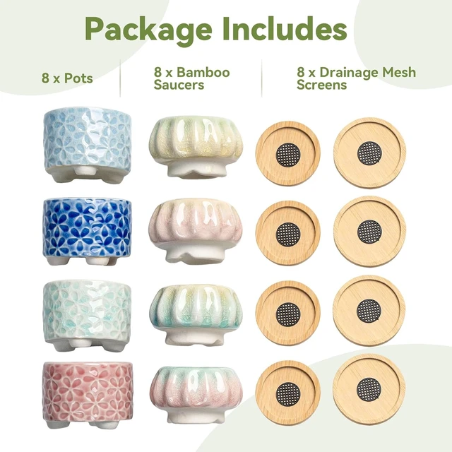 Alt view image 7 of 7 - 8 Pcs Succulent Pots with Ice Crack Glaze, 2 Shapes & 8 Colors Ceramic Succulent Planters with Drainage Holes & Bamboo Saucers, Indoor Plant Pots for Home GardenDesk Decor, Office Decor, Gift Idea