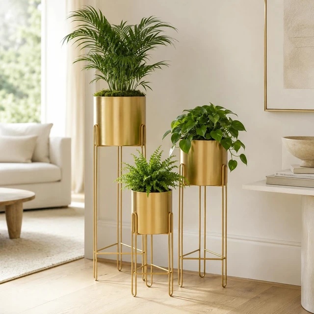 Alt view image 2 of 7 - TRIROCKS Set of 3 Large Planters with Stand Gold Planter for Indoor Plants 29 &22 &12" Tall Morden Metal Plant Pots for Living Room Corner Kitchen Office Garden Balcony Patio Decor