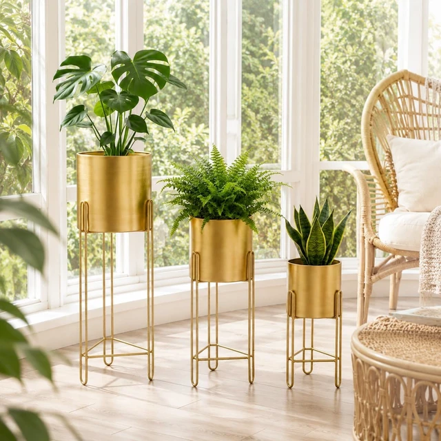 Alt view image 4 of 7 - TRIROCKS Set of 3 Large Planters with Stand Gold Planter for Indoor Plants 29 &22 &12" Tall Morden Metal Plant Pots for Living Room Corner Kitchen Office Garden Balcony Patio Decor