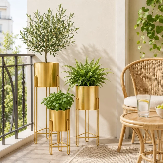 Alt view image 5 of 7 - TRIROCKS Set of 3 Large Planters with Stand Gold Planter for Indoor Plants 29 &22 &12" Tall Morden Metal Plant Pots for Living Room Corner Kitchen Office Garden Balcony Patio Decor