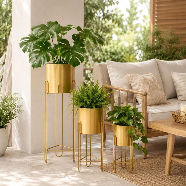 Alt view image 6 of 7 - TRIROCKS Set of 3 Large Planters with Stand Gold Planter for Indoor Plants 29 &22 &12" Tall Morden Metal Plant Pots for Living Room Corner Kitchen Office Garden Balcony Patio Decor