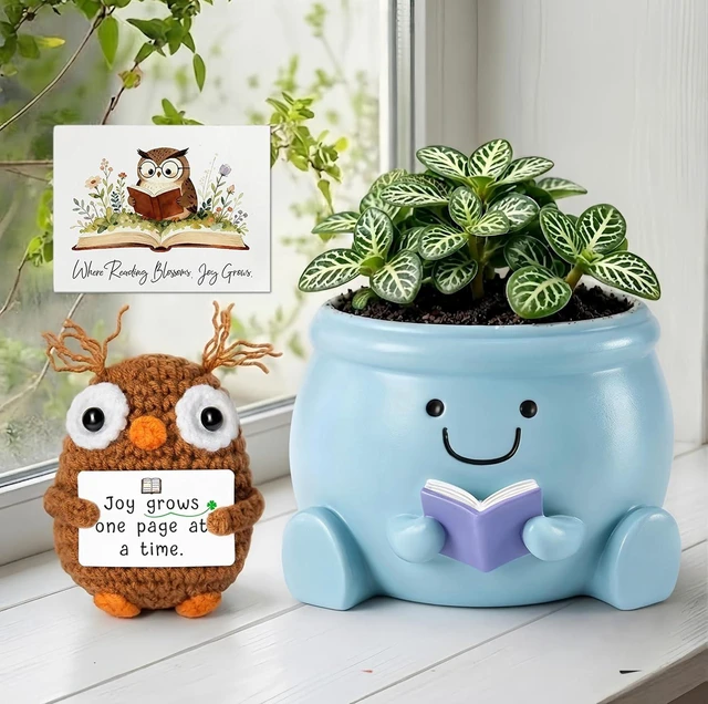 Main image of Book Lover Gift Set - Cute Reading Planter Pot with Positive Crochet Owl & Quote Card, Cozy Desk Decor for Teachers, Librarians, Women, Colleague, Friends
