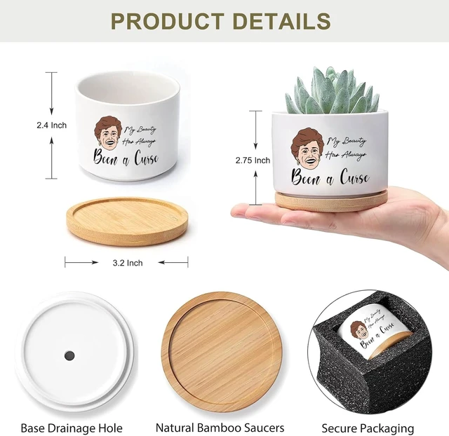 Alt view image 6 of 7 - Golden Girls Merchandise - Funny Succulent Pots Set of 4, Golden Girls Gifts for Women, Ceramic Mini Cute Planters with Bamboo Tray for Office Desk Indoor Decorations