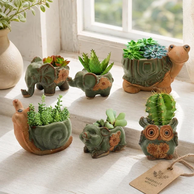 Alt view image 7 of 7 - Okllen 6 Pack Mini Animal Ceramic Succulent Planter Set, Cute Elephant, Turtle, Owl, Snail, Succulent Pots with Drainage Hole, Ideal for Bonsai, Indoor, Outdoor