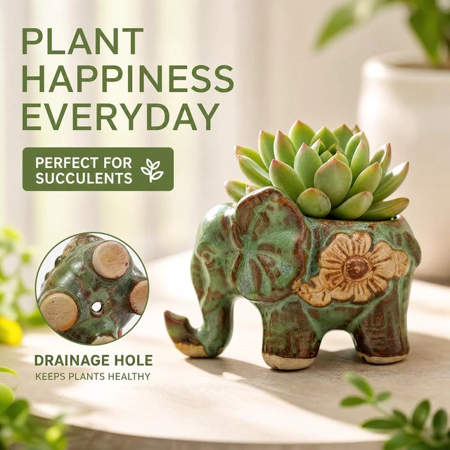 Alt view image 5 of 7 - Okllen 6 Pack Mini Animal Ceramic Succulent Planter Set, Cute Elephant, Turtle, Owl, Snail, Succulent Pots with Drainage Hole, Ideal for Bonsai, Indoor, Outdoor