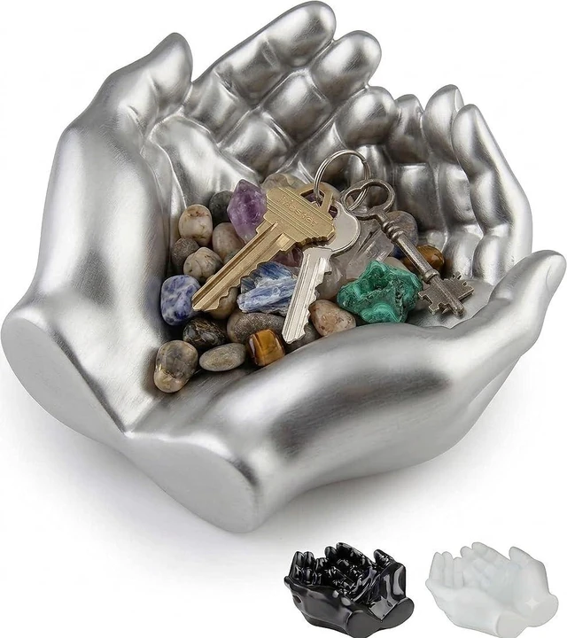 Main image of Hand Shaped Succulent Planter Pot - Crystal Holder Display - Air Plant Holder Hand Planter - Giving Hands Sculpture Decor - Key Bowl Ring Dish Trinket Dish Candy Dish - Candle Holder (Silver)